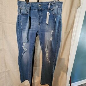 Catch Stitch Stretch Distressed Blue Jeans